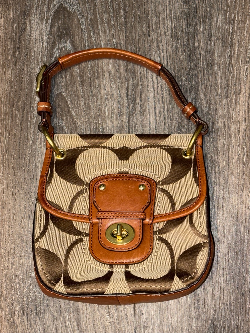 Coach Mini Signature Canvas Shoulder Bag in Brown and Tan